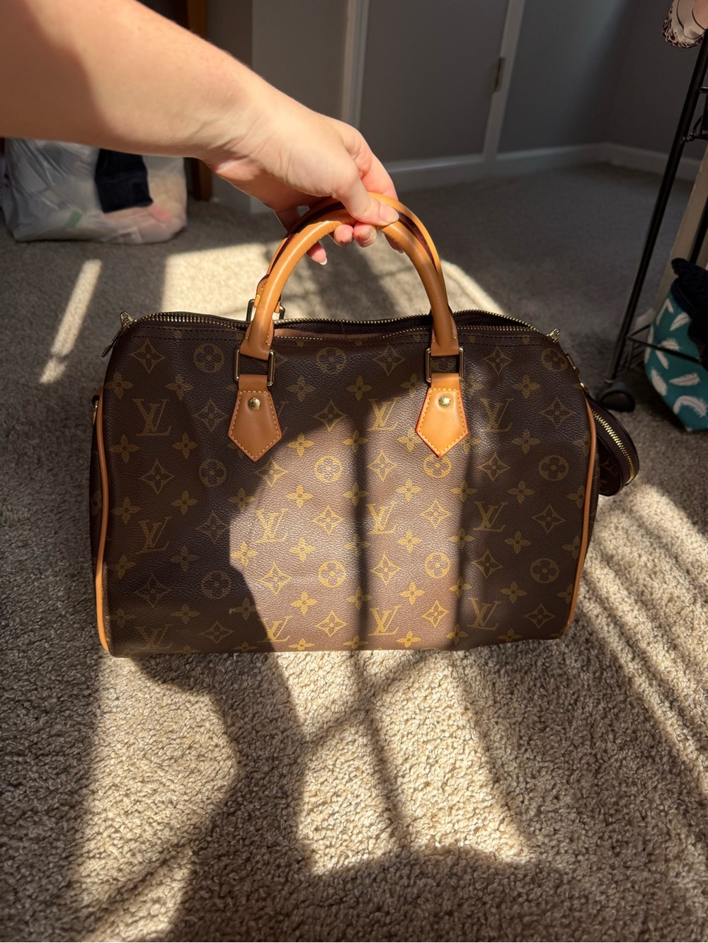 Louis Vuitton Brown Monogram Duffel Satchel with Tan Trim